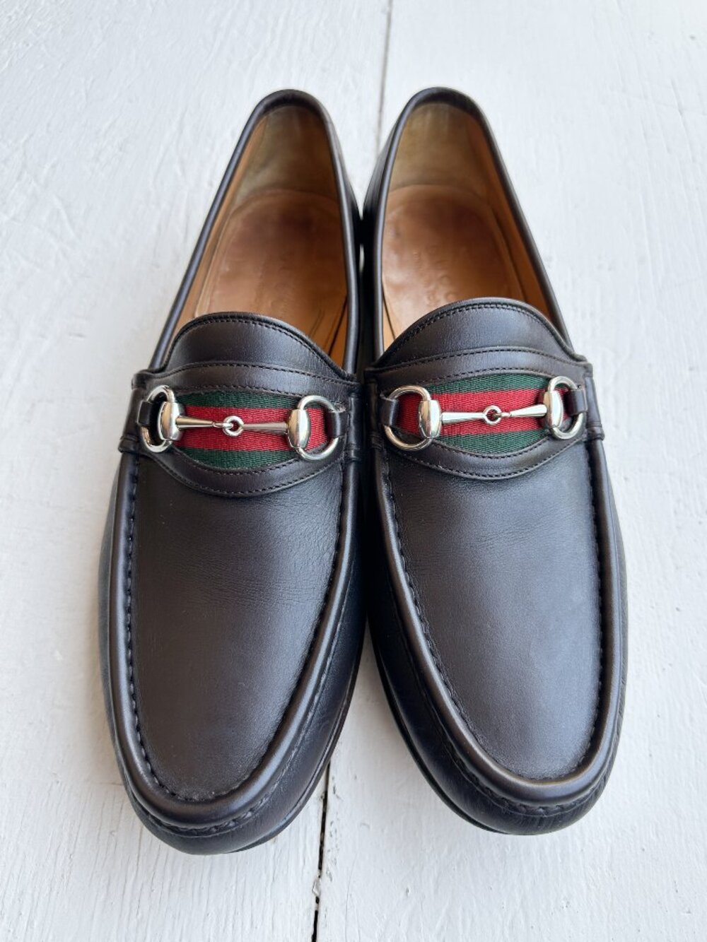 Gucci Black Leather Horsebit Black Leather Web Stripe Men's Loafers - Size 10D